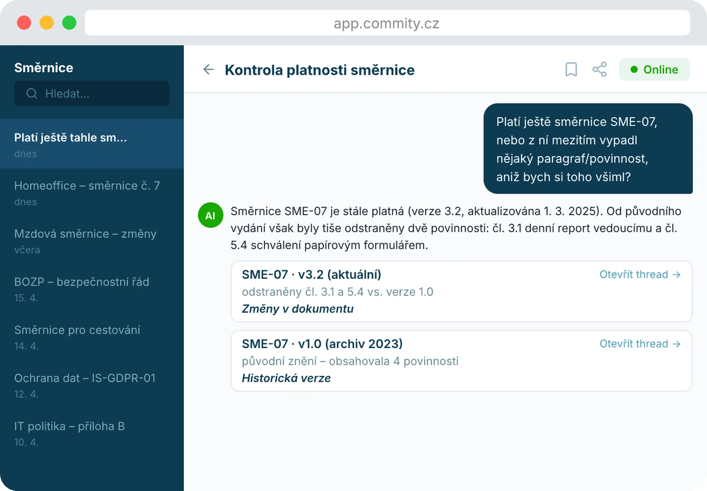 Ukázka aplikace AI dokument asistenta – kontrola platnosti směrnice